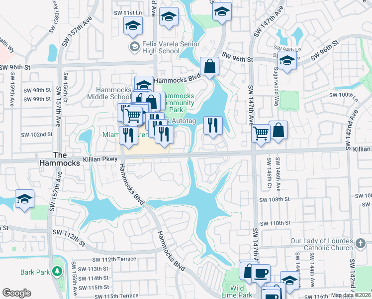 map of restaurants, bars, coffee shops, grocery stores, and more near 10370 Southwest 150th Court in Miami