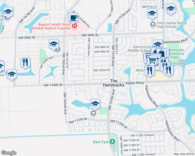 map of restaurants, bars, coffee shops, grocery stores, and more near 15831 Southwest 102nd Lane in Miami