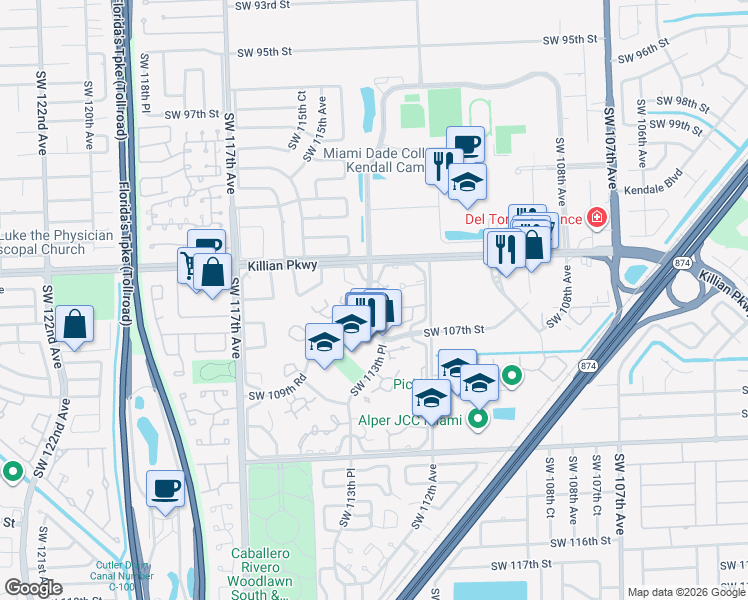 map of restaurants, bars, coffee shops, grocery stores, and more near 10629 Southwest 113th Place in Miami