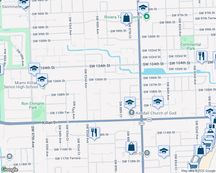 map of restaurants, bars, coffee shops, grocery stores, and more near 10630 Southwest 89th Court in Miami