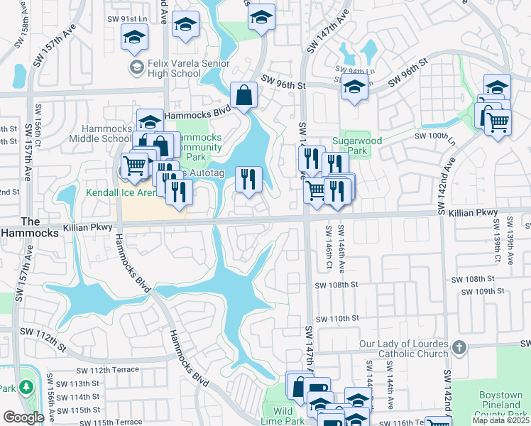 map of restaurants, bars, coffee shops, grocery stores, and more near 14857 Southwest 104th Street in Miami
