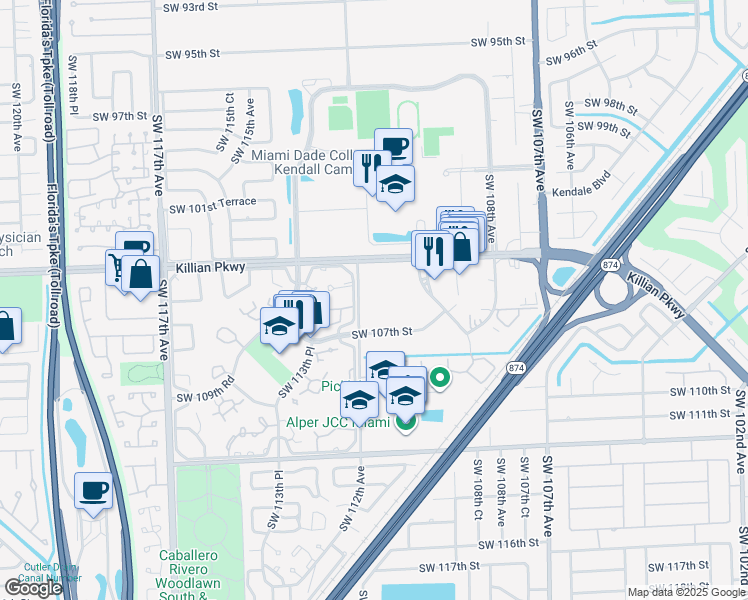 map of restaurants, bars, coffee shops, grocery stores, and more near 10425 Southwest 112th Avenue in Miami