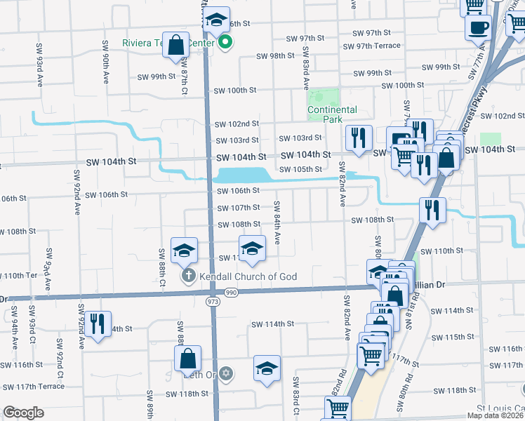 map of restaurants, bars, coffee shops, grocery stores, and more near 8485 Southwest 107th Street in Miami