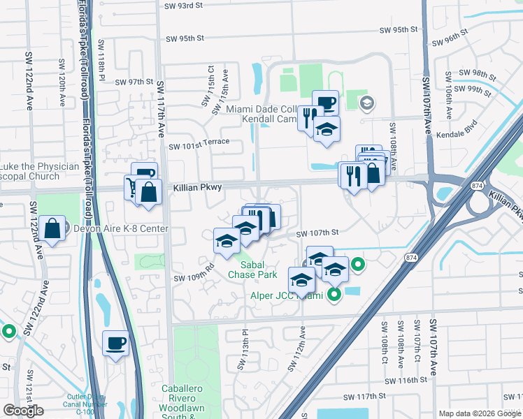 map of restaurants, bars, coffee shops, grocery stores, and more near 10621 Southwest 113th Place in Miami