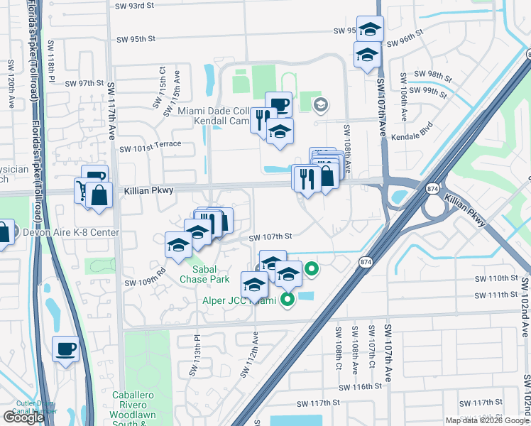 map of restaurants, bars, coffee shops, grocery stores, and more near 10425 Southwest 112th Avenue in Miami