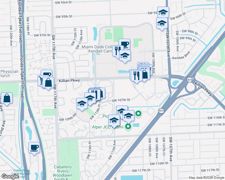 map of restaurants, bars, coffee shops, grocery stores, and more near 10500 Southwest 112th Avenue in Miami