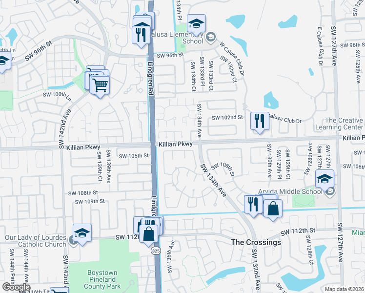 map of restaurants, bars, coffee shops, grocery stores, and more near 10380 Southwest 134th Court in Miami