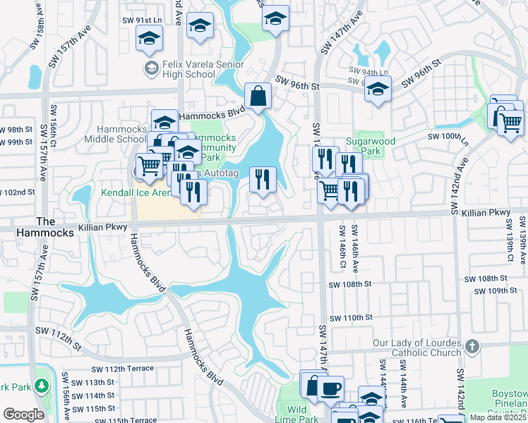 map of restaurants, bars, coffee shops, grocery stores, and more near 14915 Southwest 104th Street in Miami
