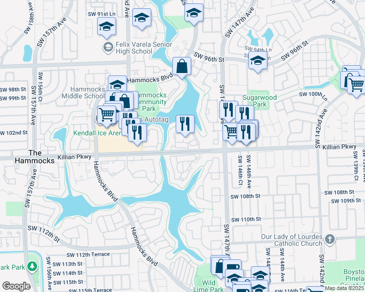 map of restaurants, bars, coffee shops, grocery stores, and more near 14915 Southwest 104th Street in Miami