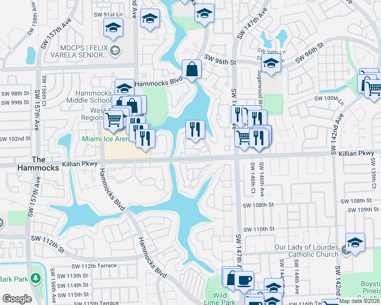 map of restaurants, bars, coffee shops, grocery stores, and more near 14915 Southwest 104th Street in Miami