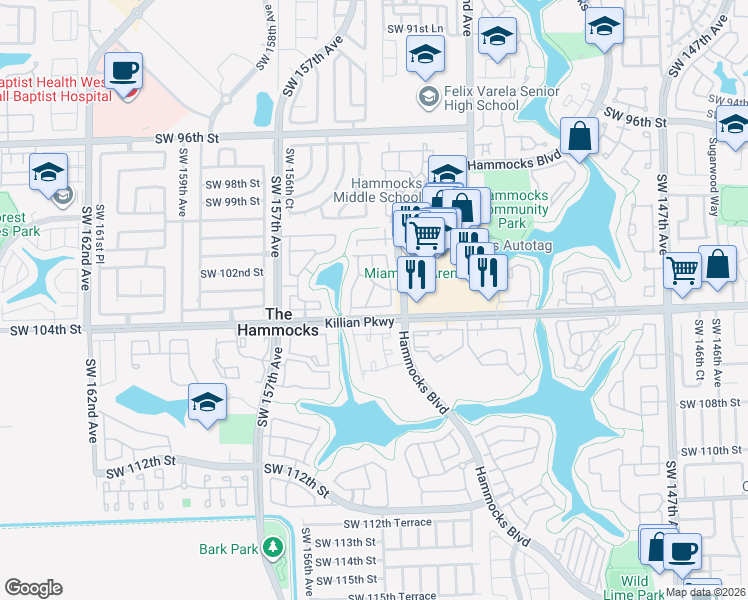 map of restaurants, bars, coffee shops, grocery stores, and more near in The Hammocks
