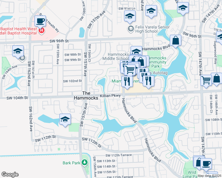 map of restaurants, bars, coffee shops, grocery stores, and more near in The Hammocks