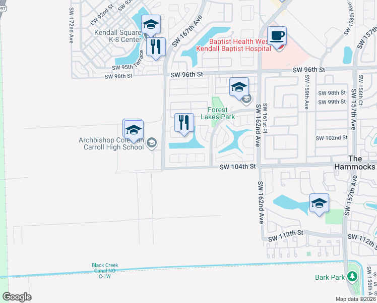 map of restaurants, bars, coffee shops, grocery stores, and more near 16461 Southwest 103rd Terrace in Miami