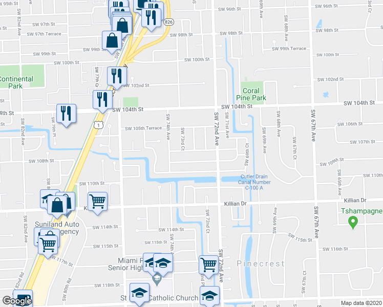 map of restaurants, bars, coffee shops, grocery stores, and more near 7300 Southwest 107th Terrace in Miami