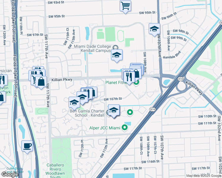 map of restaurants, bars, coffee shops, grocery stores, and more near 10525 Southwest 112th Avenue in Miami