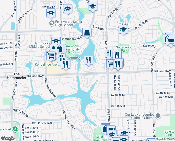 map of restaurants, bars, coffee shops, grocery stores, and more near 14915 Southwest 104th Street in Miami