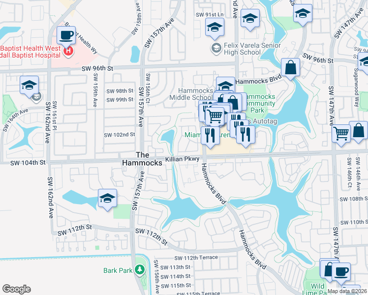 map of restaurants, bars, coffee shops, grocery stores, and more near in The Hammocks