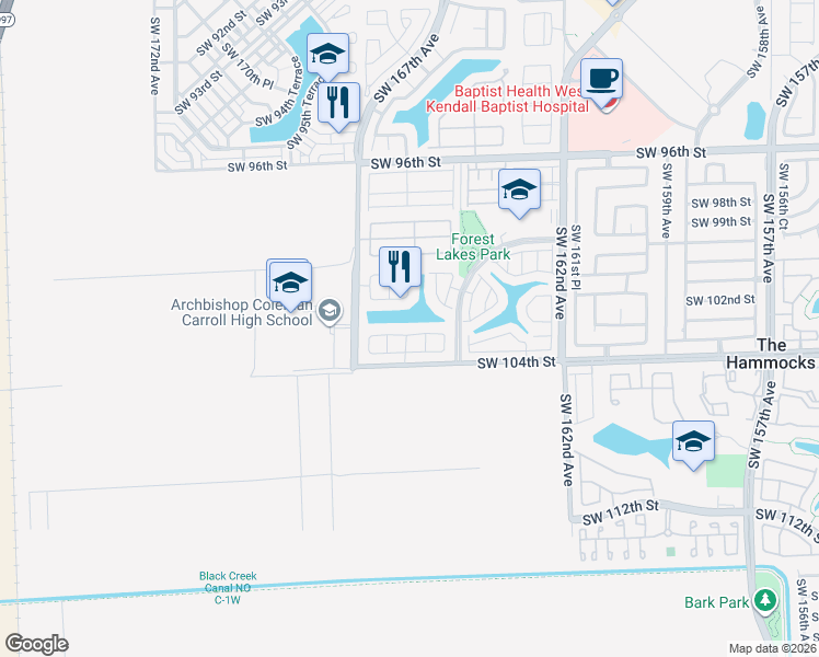map of restaurants, bars, coffee shops, grocery stores, and more near 16461 Southwest 103rd Terrace in Miami