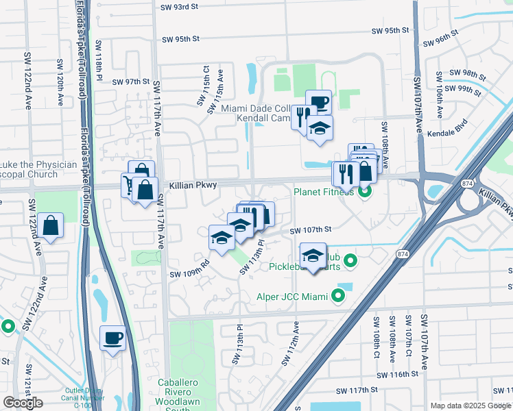 map of restaurants, bars, coffee shops, grocery stores, and more near 10609 Southwest 113th Place in Miami