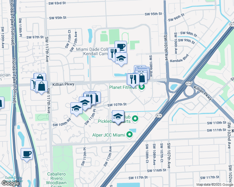 map of restaurants, bars, coffee shops, grocery stores, and more near 10425 Southwest 112th Avenue in Miami