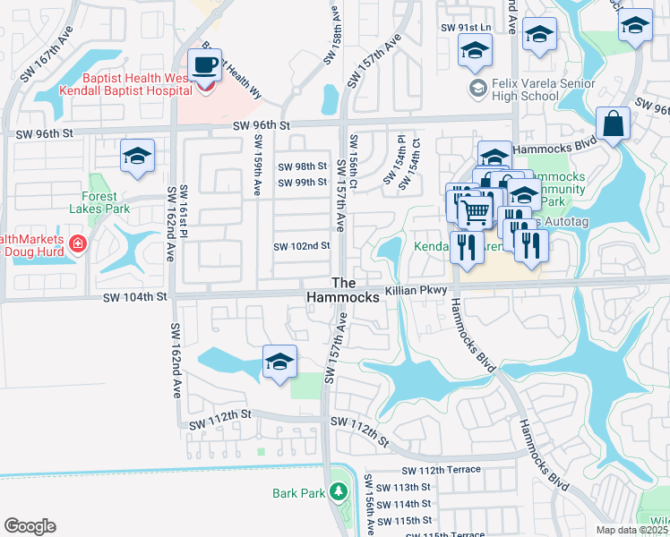 map of restaurants, bars, coffee shops, grocery stores, and more near 10273 Southwest 157th Court in Miami