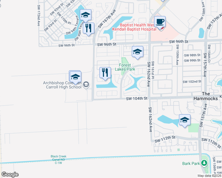 map of restaurants, bars, coffee shops, grocery stores, and more near 16461 Southwest 103rd Terrace in Miami