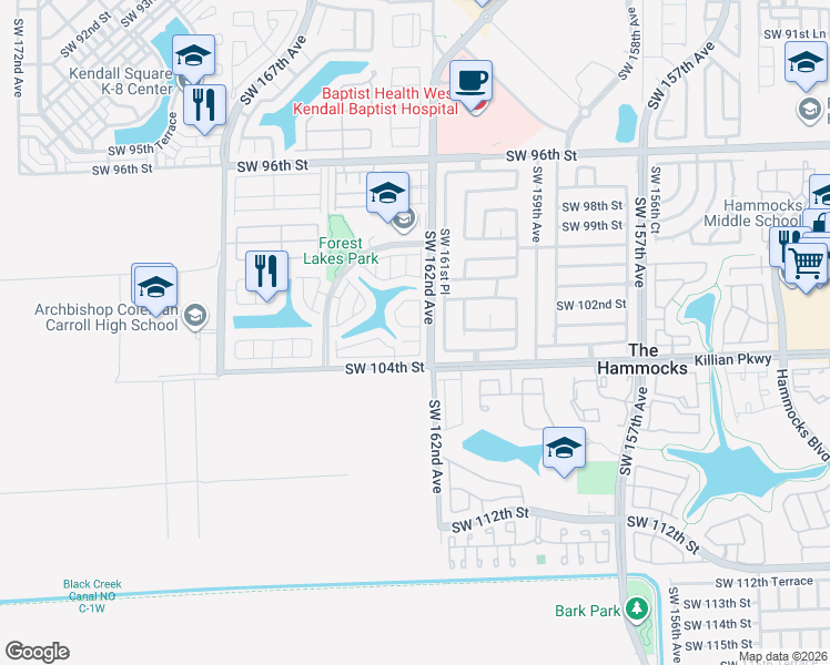 map of restaurants, bars, coffee shops, grocery stores, and more near 16273 Southwest 102nd Terrace in Miami