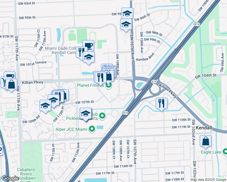 map of restaurants, bars, coffee shops, grocery stores, and more near 10700 Southwest 108th Avenue in Miami
