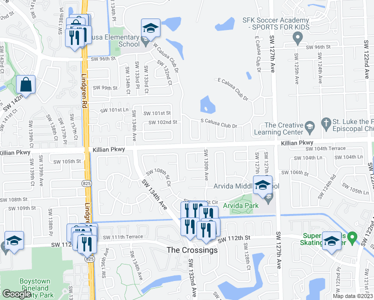 map of restaurants, bars, coffee shops, grocery stores, and more near 13125 Southwest 104th Terrace in Miami