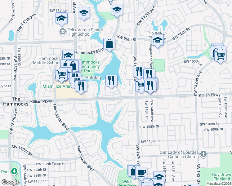 map of restaurants, bars, coffee shops, grocery stores, and more near 14915 Southwest 104th Street in Miami