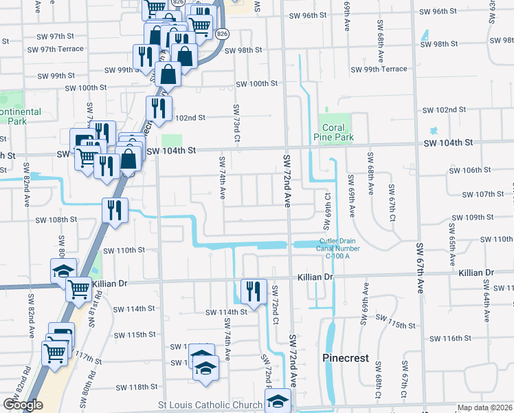 map of restaurants, bars, coffee shops, grocery stores, and more near 10740 Southwest 73rd Avenue in Miami