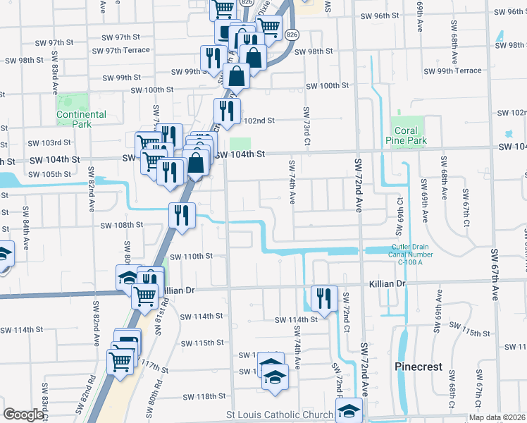 map of restaurants, bars, coffee shops, grocery stores, and more near 7460 Southwest 106th Street in Miami
