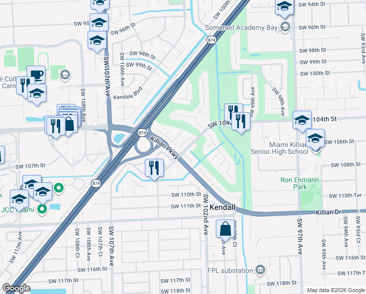 map of restaurants, bars, coffee shops, grocery stores, and more near 10310 Southwest 103rd Lane in Miami