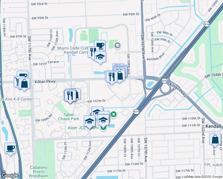 map of restaurants, bars, coffee shops, grocery stores, and more near 10511 Southwest 109th Court in Miami
