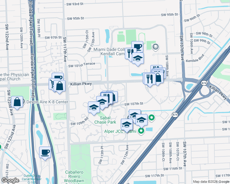 map of restaurants, bars, coffee shops, grocery stores, and more near 10545 Southwest 113th Place in Miami