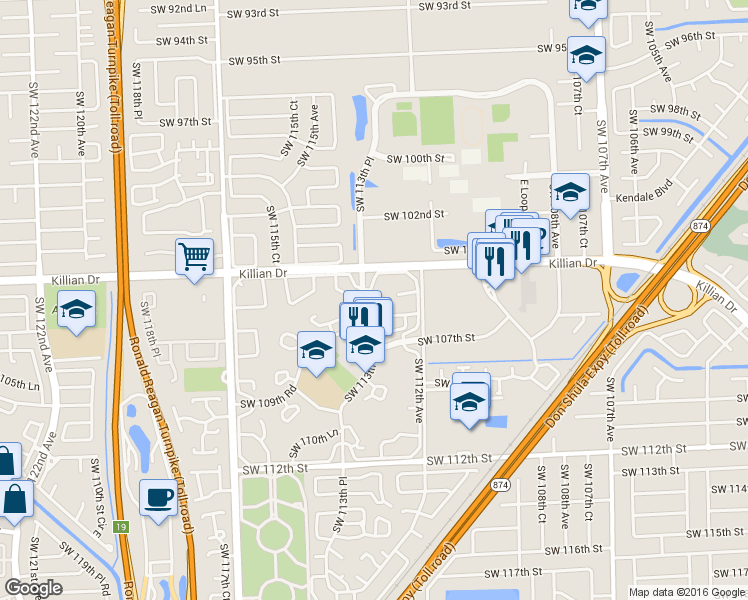 map of restaurants, bars, coffee shops, grocery stores, and more near 10531 Southwest 113th Place in Miami