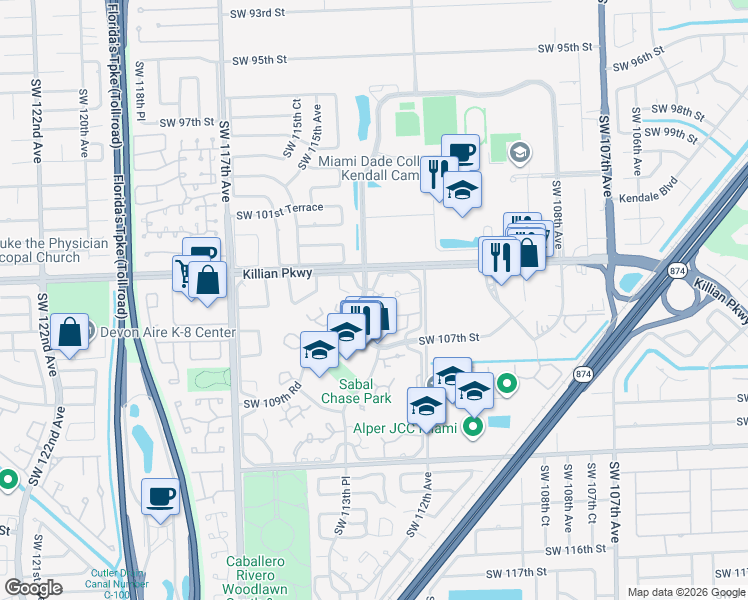 map of restaurants, bars, coffee shops, grocery stores, and more near 10545 Southwest 113th Place in Miami