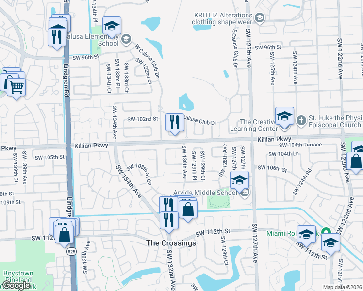 map of restaurants, bars, coffee shops, grocery stores, and more near 10415 Southwest 130th Avenue in Miami