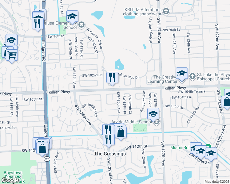 map of restaurants, bars, coffee shops, grocery stores, and more near 10415 Southwest 130th Avenue in Miami