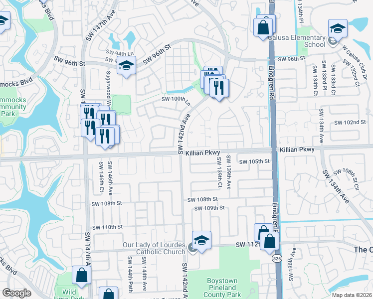 map of restaurants, bars, coffee shops, grocery stores, and more near 10364 Southwest 141st Court in Miami