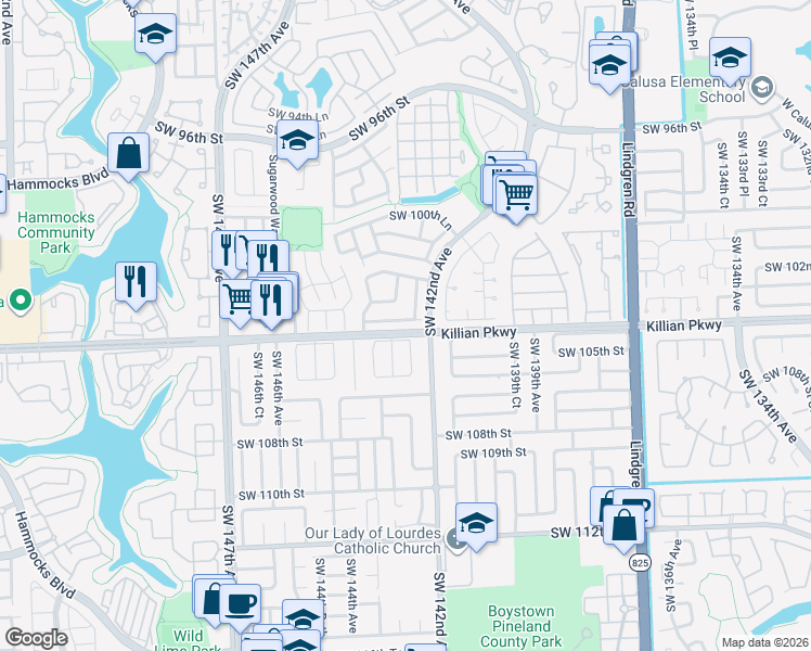 map of restaurants, bars, coffee shops, grocery stores, and more near 14257 Southwest 103rd Terrace in Miami
