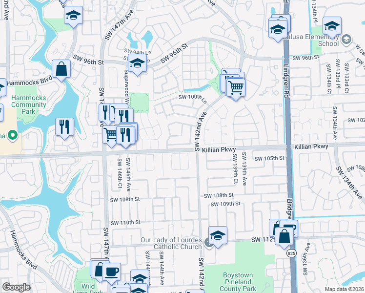 map of restaurants, bars, coffee shops, grocery stores, and more near 14249 Southwest 103rd Terrace in Miami