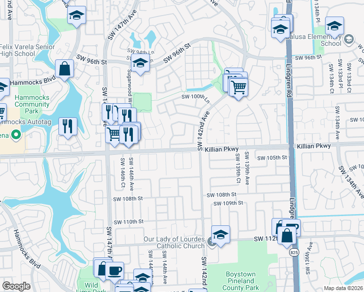 map of restaurants, bars, coffee shops, grocery stores, and more near 14257 Southwest 103rd Terrace in Miami