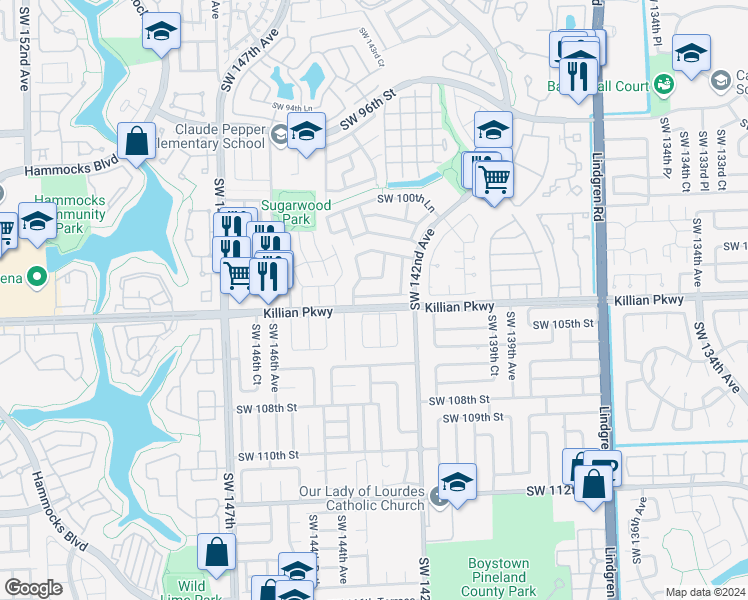 map of restaurants, bars, coffee shops, grocery stores, and more near 14257 Southwest 103rd Terrace in Miami