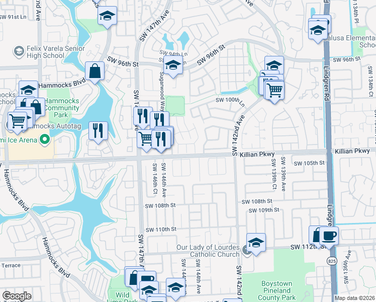 map of restaurants, bars, coffee shops, grocery stores, and more near 10329 Southwest 145th Court in Miami