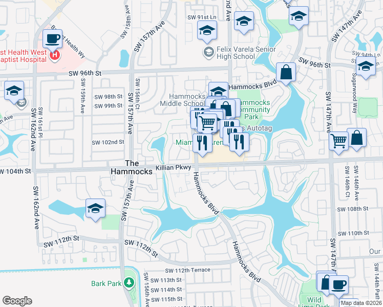 map of restaurants, bars, coffee shops, grocery stores, and more near in The Hammocks