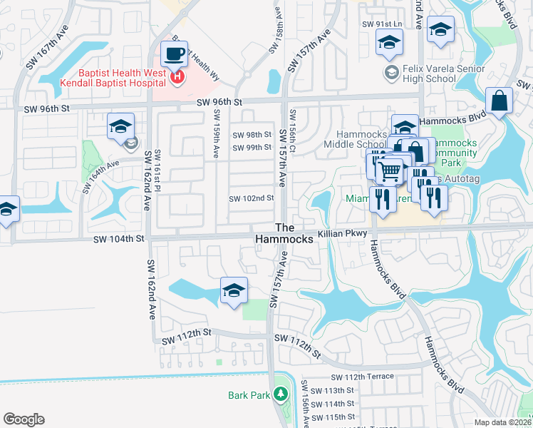 map of restaurants, bars, coffee shops, grocery stores, and more near 15761 Southwest 102nd Lane in Miami