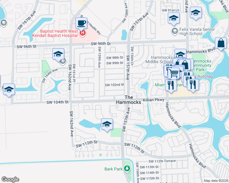 map of restaurants, bars, coffee shops, grocery stores, and more near 15761 Southwest 102nd Lane in Miami
