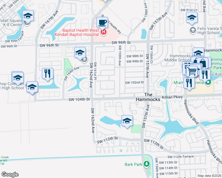 map of restaurants, bars, coffee shops, grocery stores, and more near 10255 Southwest 159th Court in Miami