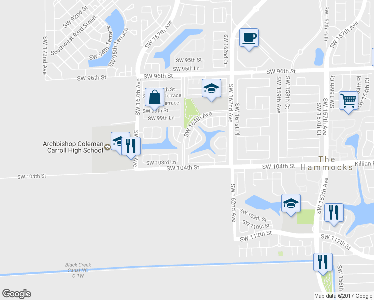 map of restaurants, bars, coffee shops, grocery stores, and more near 10196 Southwest 163rd Place in Miami